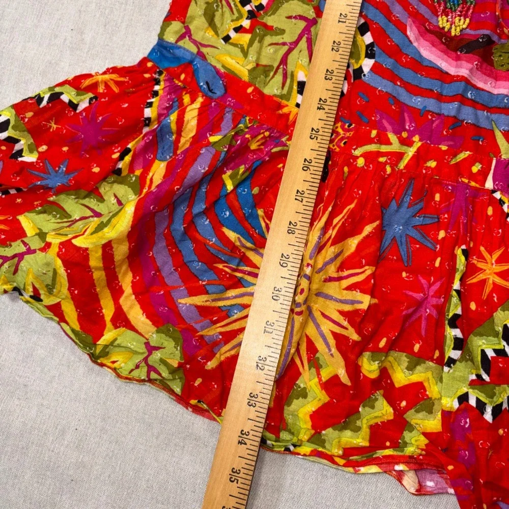 Farm Rio Red Toucan Pineapple Print Cotton Mini Dress XL Beaded Tassels Bright